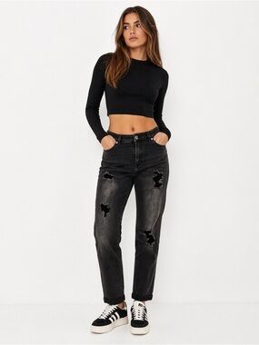 🆒 Jeans boyfriend Washed Black Jeans with Distressed Detailing